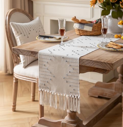 Christmas Table Runner 13 x 90 Inch Natural Cotton Woven with Tassels, Red and Beige U800
