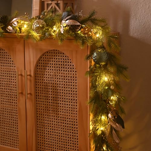 Christmas Garland with Lights, 6Ft Prelit for Mantle, Stairs Railing, Green Gold R97358