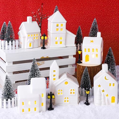 37 Pieces Porcelain Christmas Village Set with 6 Lighted Ceramic Houses and Remote Control LED Tealights B4638