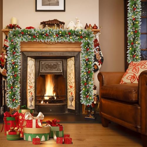 Flocked Pre-Lit Christmas Garland with 30 LED Lights, Red Berries and Pine Cones B12411
