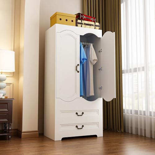 2 Door Wardrobe with 2 Drawer, White Vintage Armoire with Clothing Rod, 67" Tall Wooden Closet Cabinet for Bedroom Z7390