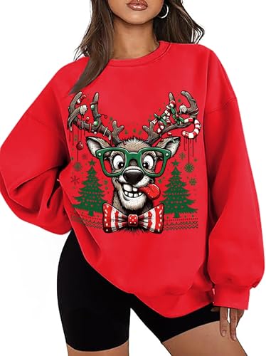 Funny Reindeer Graphic Sweatshirt Oversized Christmas Pullover J1348