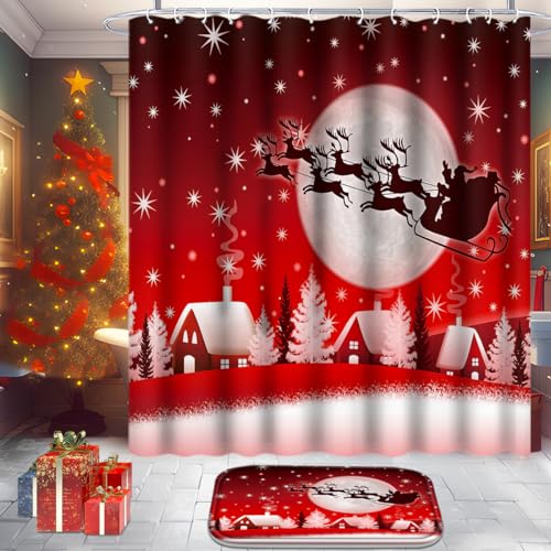 Christmas Bathroom Set with Shower Curtain, Rugs, and Hooks A88035