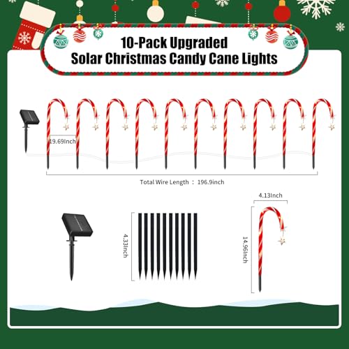 Candy Cane Solar Pathway Lights, 10 Pack, 8 Modes, Waterproof Outdoor Christmas Decor I520847