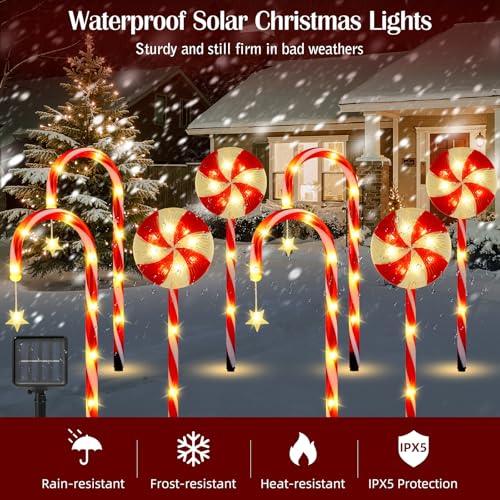 Solar Walkway Lights Outdoor, 8 Pack Candy Cane Christmas Decorations P5544