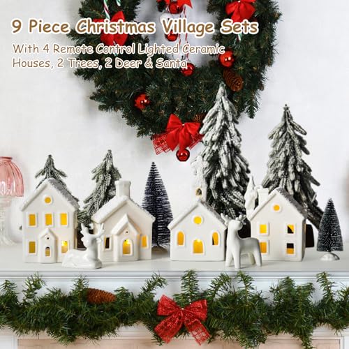 Christmas Village Set with 4 Lighted Ceramic Houses, 2 Trees, 2 Deer & Santa U967