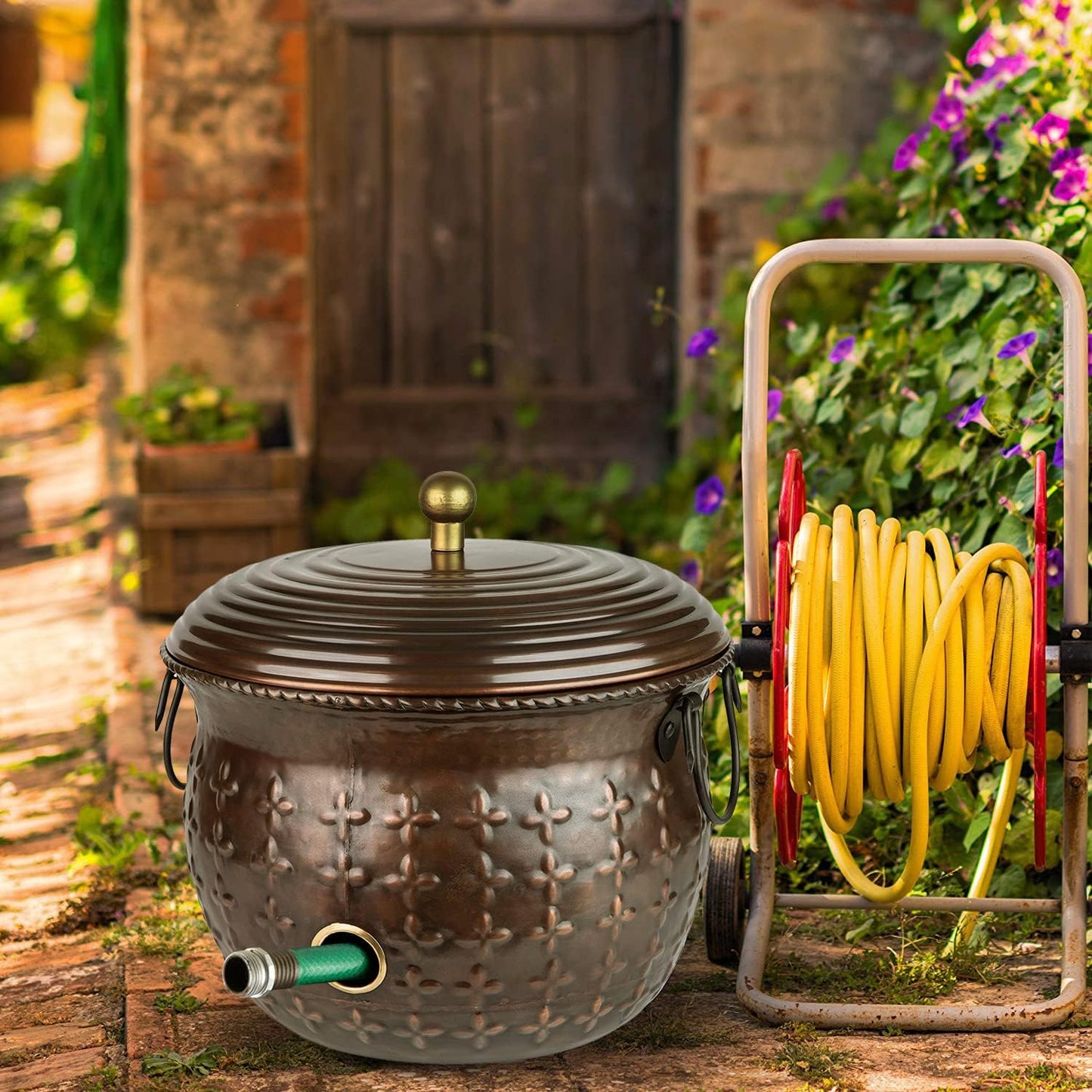 Garden Hose Storage Holder Pot with Lid Antique Green Finish Z81736