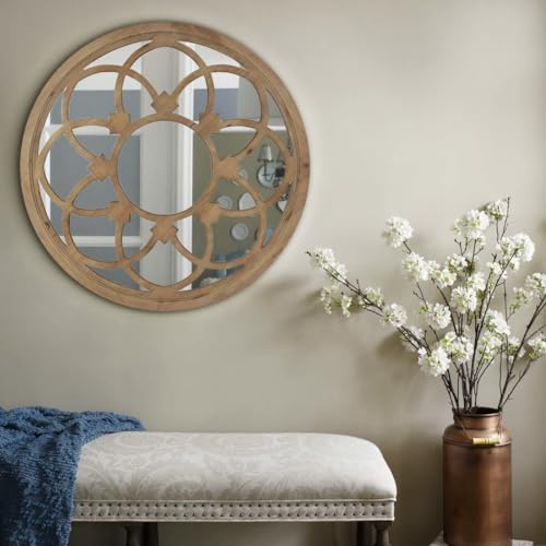 Rustic 30" Round Wall Mirror with Wood Frame J1533