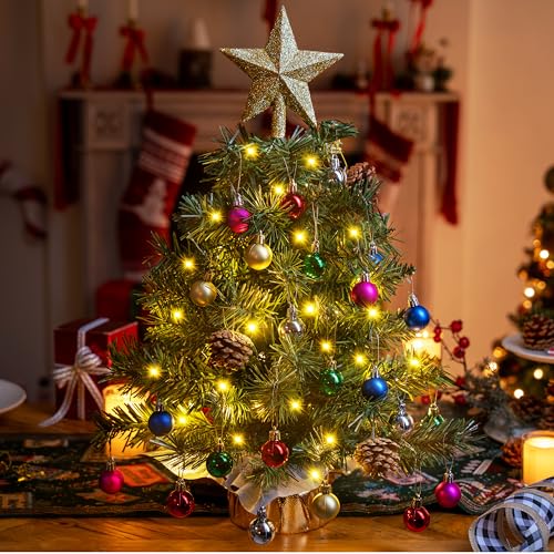 24" Mini Christmas Tree Tabletop Set with LED Lights and Ornaments V8406