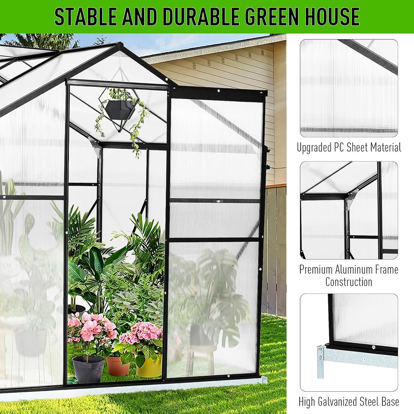 10x6 FT Polycarbonate Greenhouse with Sliding Door and Adjustable Vent Window R286982