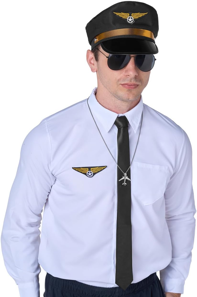 Airline Pilot Captain Costume Kit, 5 PCS Dress Up Accessory Set with Sunglasses, Tie, Hat, Wings Patch and Necklace J7882