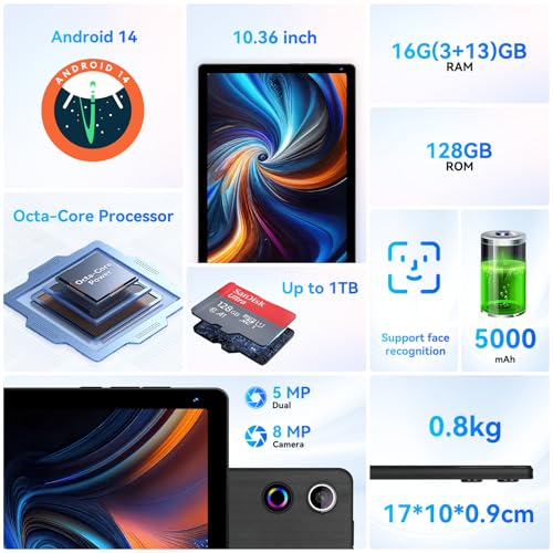 10.36 inch Android 14 Tablet, 16GB RAM 128GB ROM, 8-Core HD Display, Dual Camera, Black W914