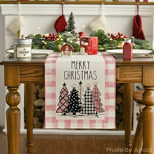 Buffalo Plaid Christmas Trees Table Runner, Winter Holiday Kitchen Dining Decor, 13 x 108 Inch A940