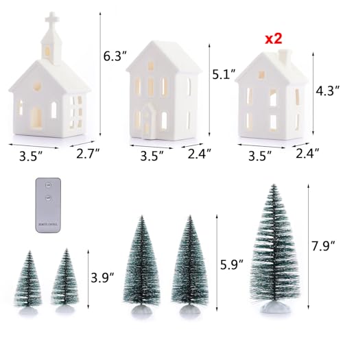7PCS Christmas Village Sets - 3 LED Lighted Ceramic Houses with Remote & 4 Trees, Porcelain Miniature Decorations X236956