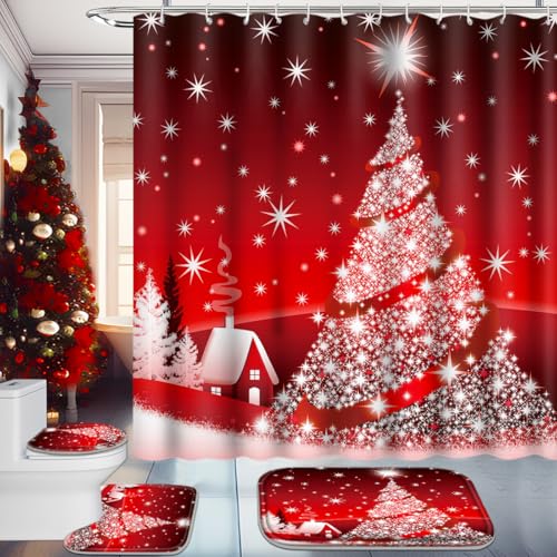 Christmas Bathroom Set with Shower Curtain, Rugs, and Hooks A88035