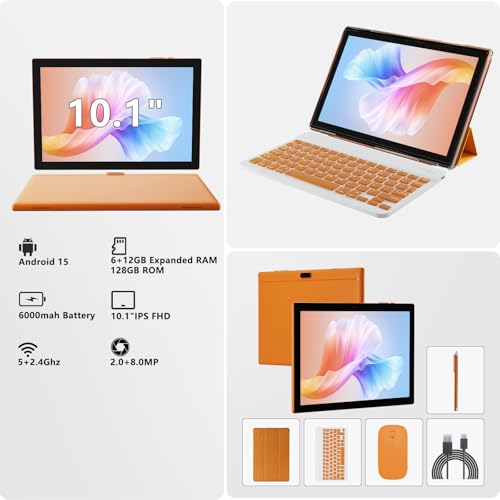 Tablet 10 Inch, 18GB RAM 128GB ROM, 2 in 1 with Keyboard Mouse Stylus K7381