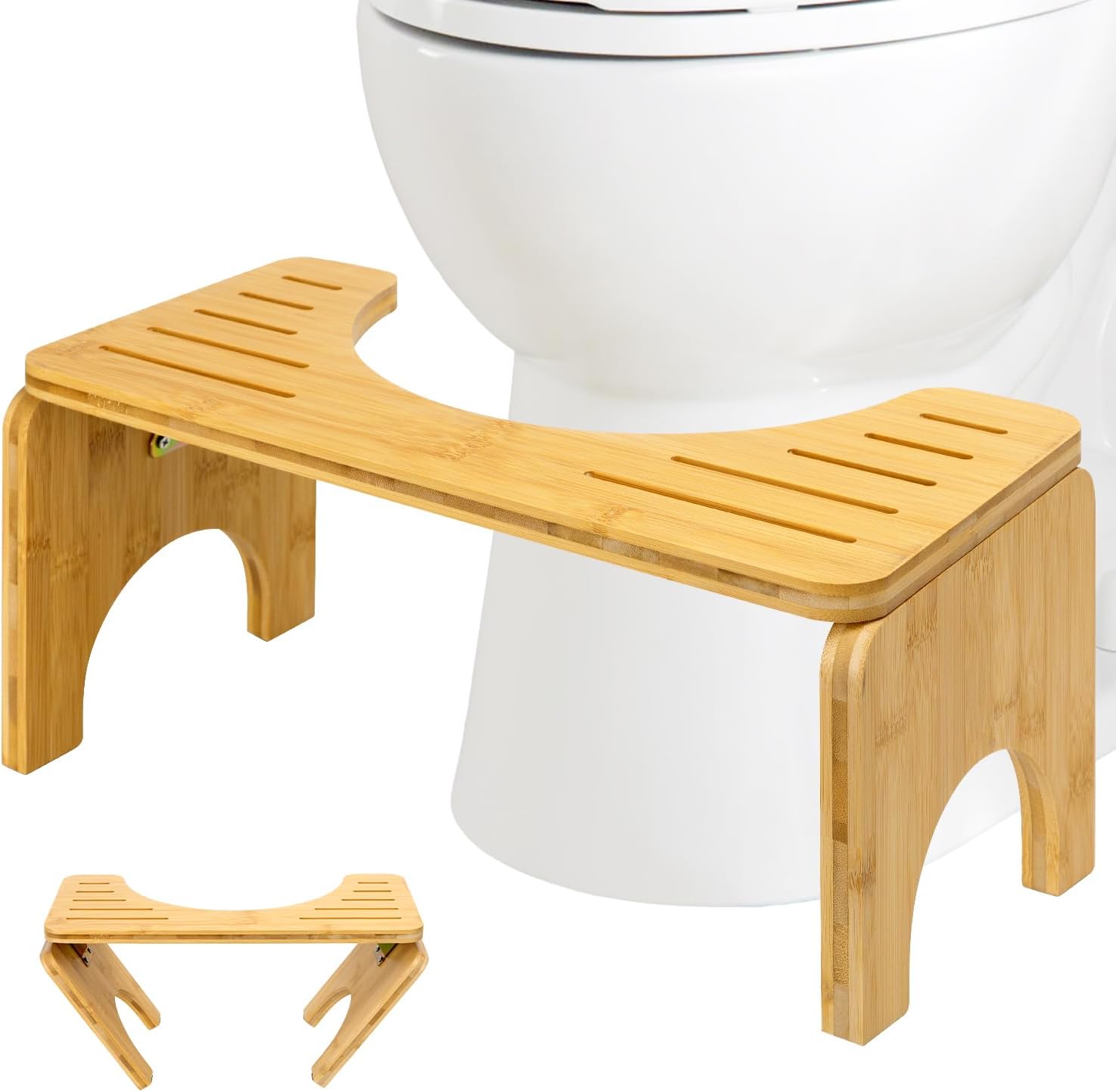 Toilet Stool for Adult and Kids, 8 Inches Toilet Squat Stool for Bathroom Foldable Bamboo Toilet Foot Potty Poop Stool with Non-Slip Pads - Improved Bowel Movement (Natural Color)