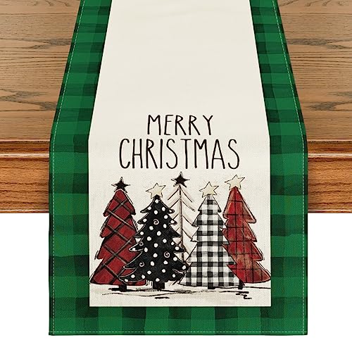 Buffalo Plaid Christmas Trees Table Runner, Winter Holiday Kitchen Dining Decor, 13 x 108 Inch A940