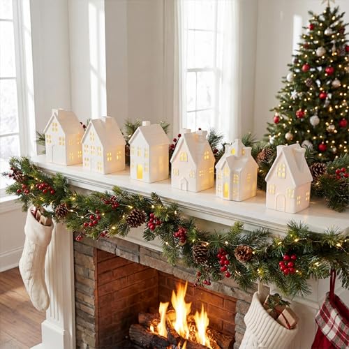 Set of 6 White Ceramic Christmas Village Houses Tabletop Decorations G339