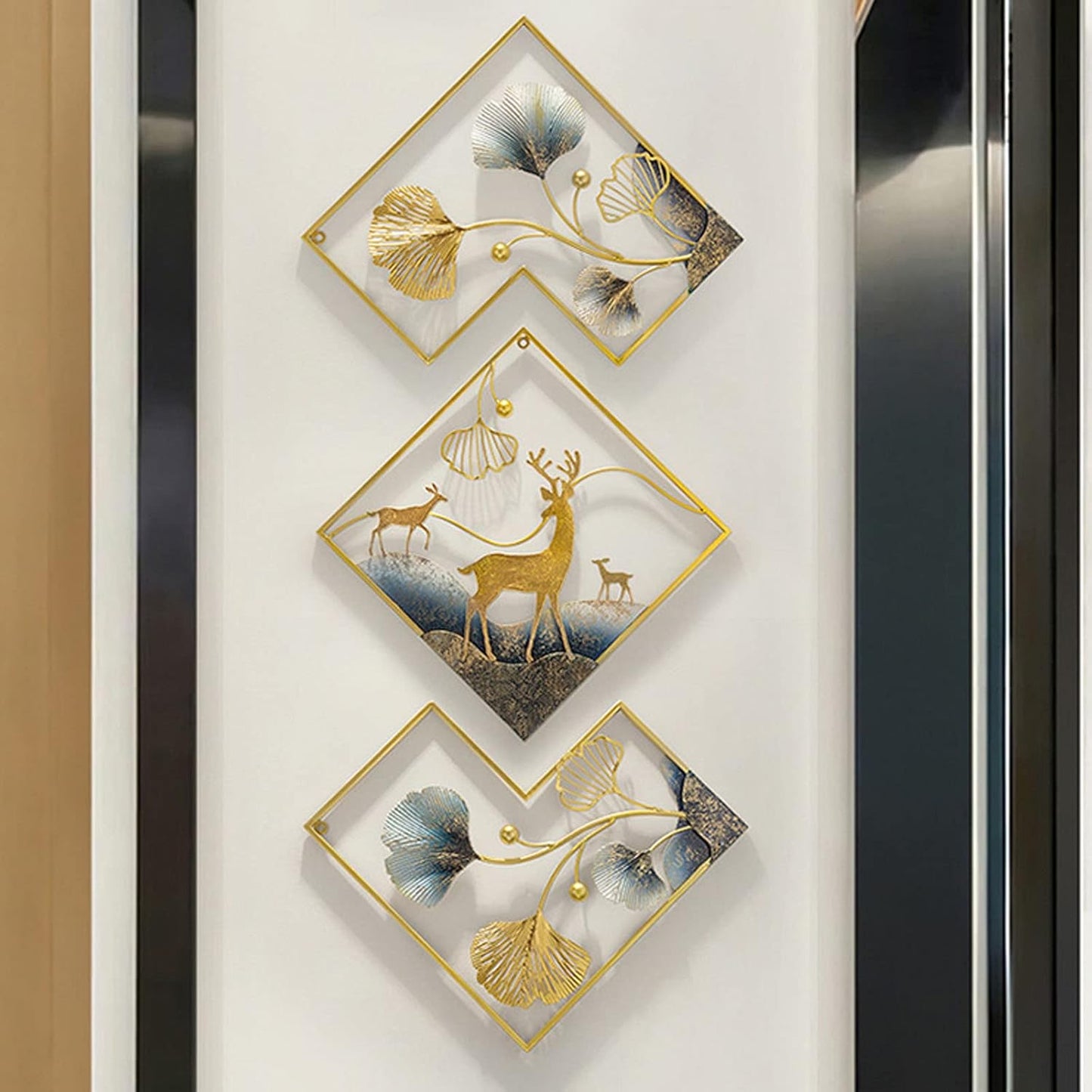 Metal Wall Art Gold Deer 3 Piece Large 3D Ginkgo Leaf 78x27in W631274