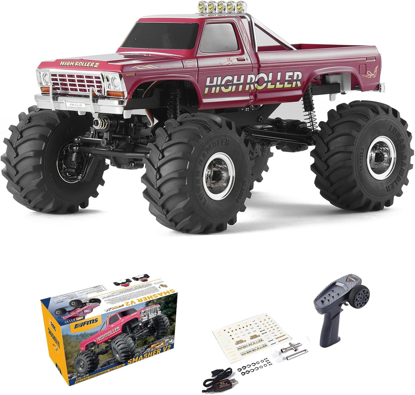 WOWRC FMS 1/24 Smasher Monster RC Crawlers - FCX24 RC Truck 8km/h 2 Speed Transmission for Adults, 2.4Ghz Remote Control Car RTR with USB Charger, Red