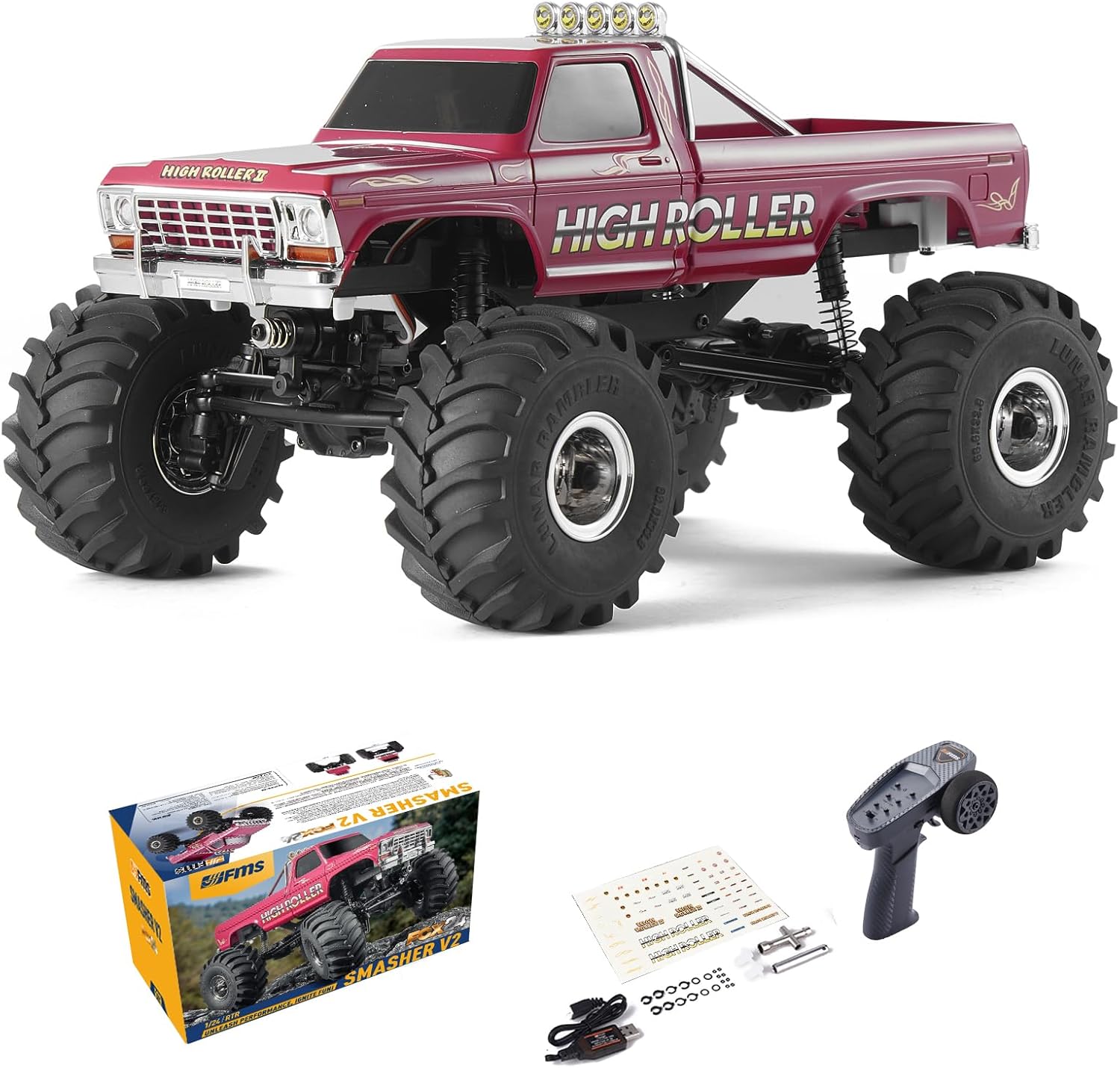 WOWRC FMS 1/24 Smasher Monster RC Crawlers - FCX24 RC Truck 8km/h 2 Speed Transmission for Adults, 2.4Ghz Remote Control Car RTR with USB Charger, Red