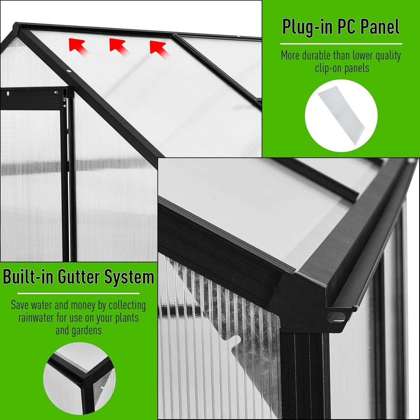 10x6 FT Polycarbonate Greenhouse with Sliding Door and Adjustable Vent Window R286982