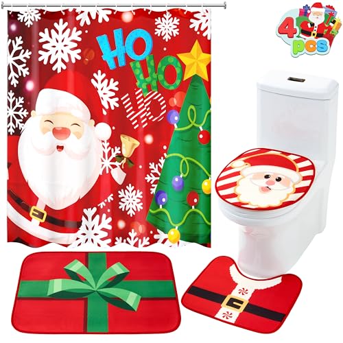 Christmas Bathroom Set with Shower Curtain, Bath Mat, Toilet Cover and Rug Y8183
