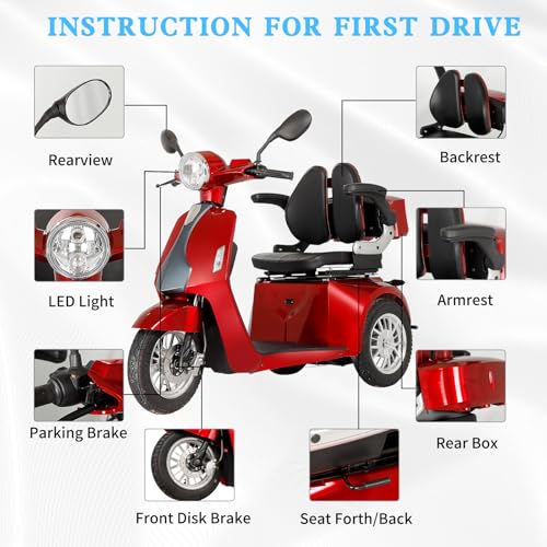Heavy Duty 3 Wheel Mobility Scooter for Adults, 500 lbs Capacity, Red X9763