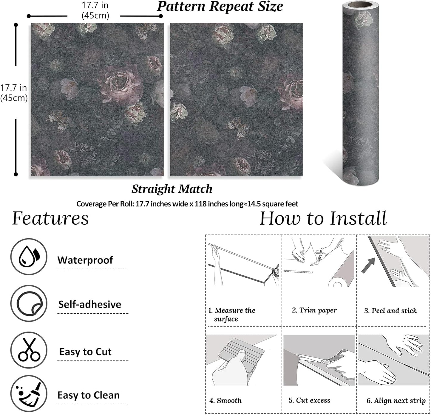 Vintage Dark Floral Peel and Stick Wallpaper Roll for Bedroom Bathroom Q71121