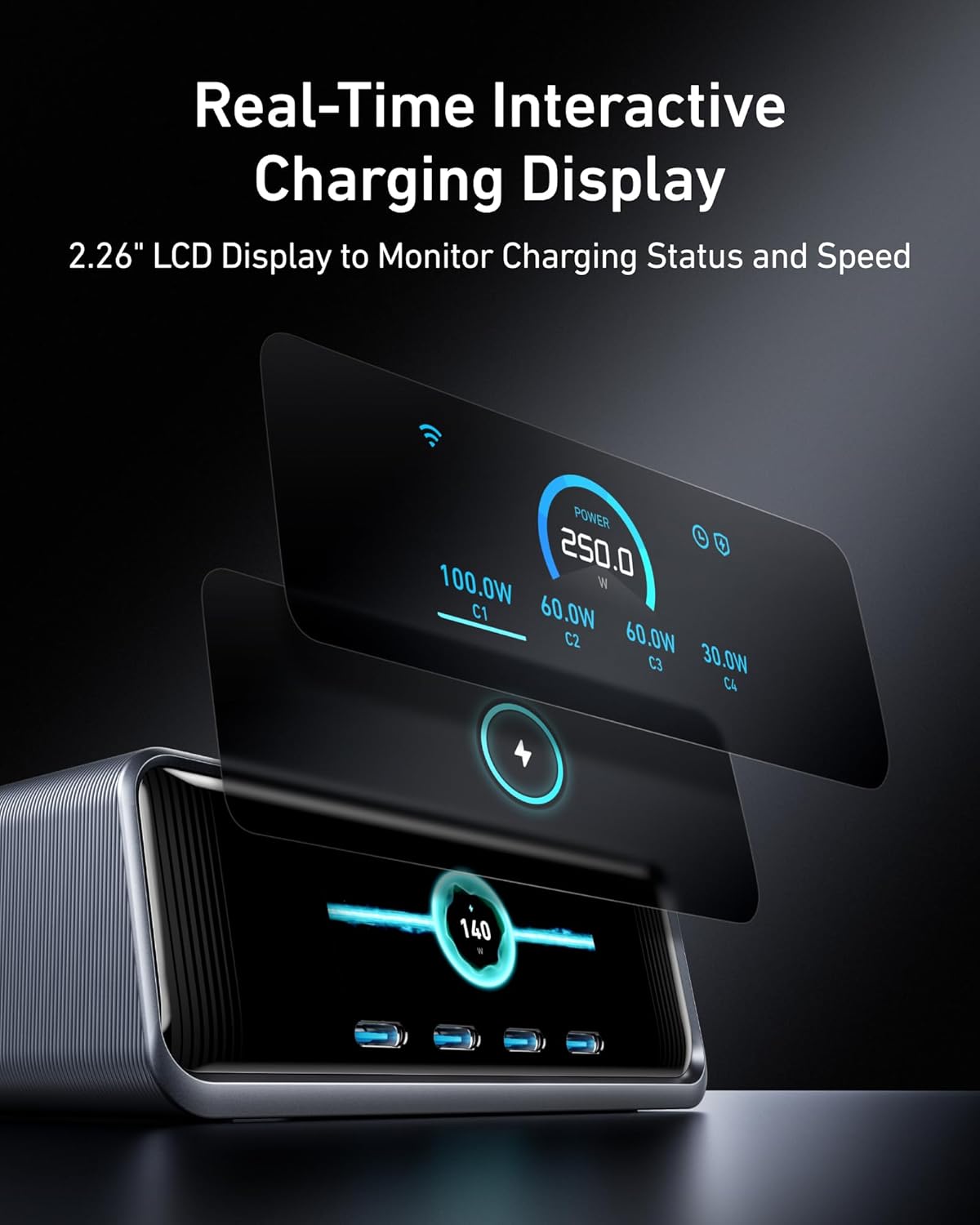 250W USB-C Charger, 6-Port GaN Charging Station with LCD Display G5995