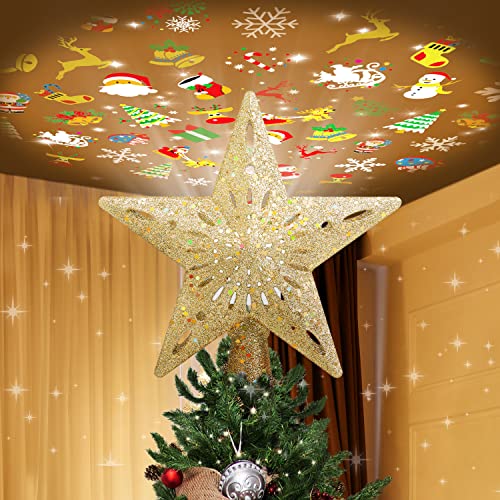 Christmas Tree Topper Lighted with 6 Projection Slides, Snowflake LED Rotating 3D Glitter Tree Topper O28849