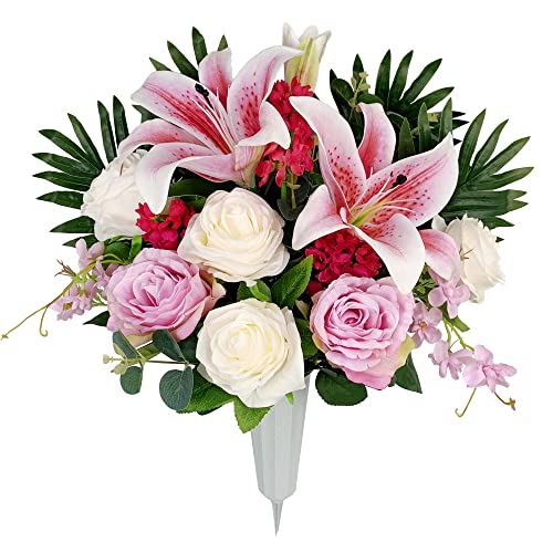 Artificial Cemetery Flowers for Grave Vase， Headstone Silk Flower Arrangement, Graveside Decoration- Vibrant Pink Lily and Rose, Tombstone Memorial Bouquet with Vase