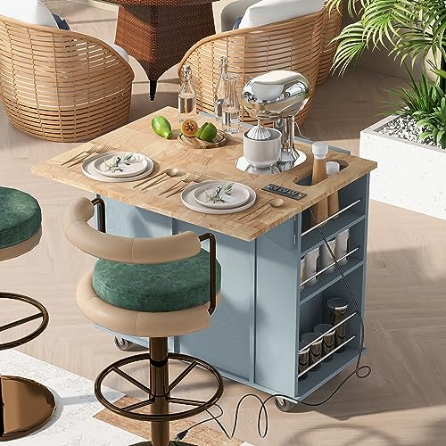 Wood Kitchen Island Cart with Locking Wheels and Wine Rack I645013