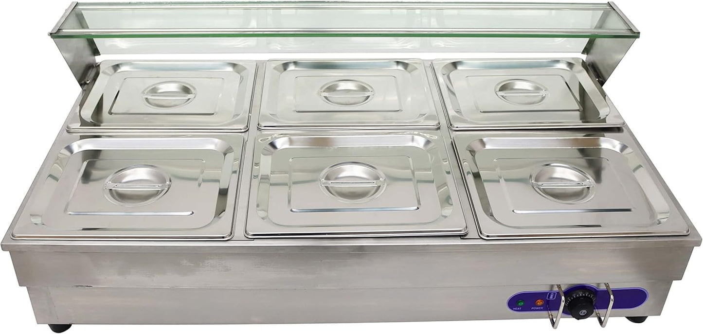 TECHTONGDA 6-Pan Bain-Marie Buffet Food Warmer Double Row Electric Steam Heater Stainless Steel Parties Catering Restaurants 2000W