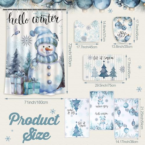 7 Pcs Christmas Shower Curtain Set with Non Slip Rugs, Toilet Cover and Towels U40957