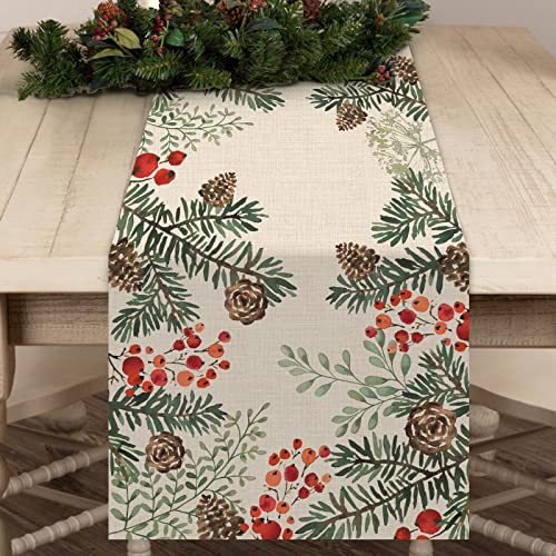 Winter Pine Cone Berry Table Runner, Watercolor Botanical Kitchen Decor, Christmas Farmhouse Dining Decoration 13 X 72 S13131