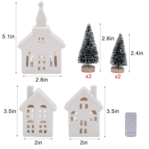 7PCS Christmas Village Sets - 3 LED Lighted Ceramic Houses with Remote & 4 Trees, Porcelain Miniature Decorations X236956