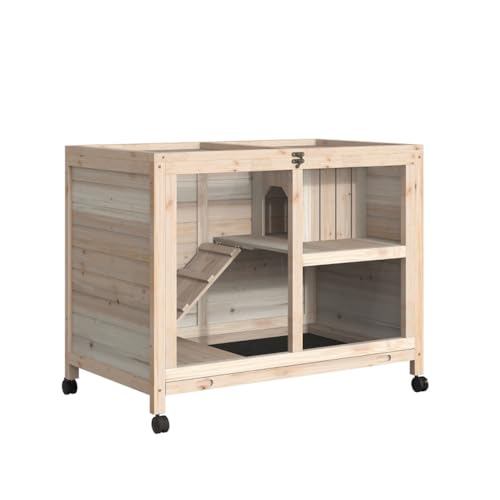 Wooden Rabbit Hutch - Bunny House and Guinea Pig Cage - Rabbit House with Tray and Wheels - Rabbit Cage with Ramp - Openable Roof with Easy-Open Latch - Pet House for Small Animals - Blue & White