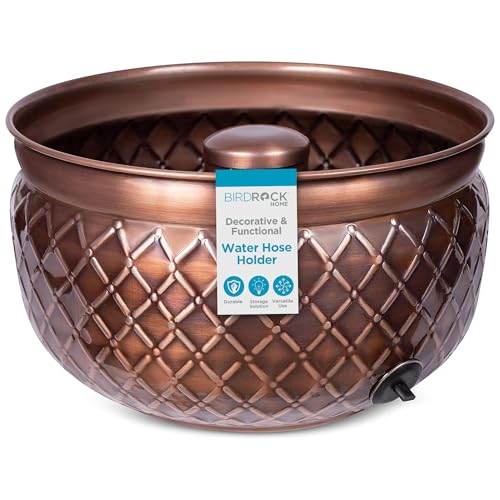 BIRDROCK HOME Water Hose Holder - Decorative Metal Pot, Indoor or Outdoor, Garden Storage Organizer, Patio Portable Bucket - Distressed Bronze, Holds up to 200ft Hoses, Large with Lid