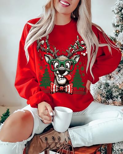 Funny Reindeer Graphic Sweatshirt Oversized Christmas Pullover J1348