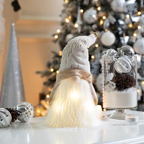 Lighted Christmas Tree Topper Gnome with Timer, 16.5 Inch, White and Gold, LED Lights M99012
