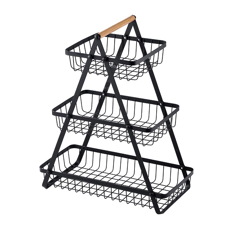 3 Tier Countertop Fruit Basket,Portable High-Capacity Fruit Bowle Basket for Kitchen Organizer Storage & Dining Room Fruits Vegetable Bread Snacks, Detachable Metal Rectangle Basket Storage(3 layer)