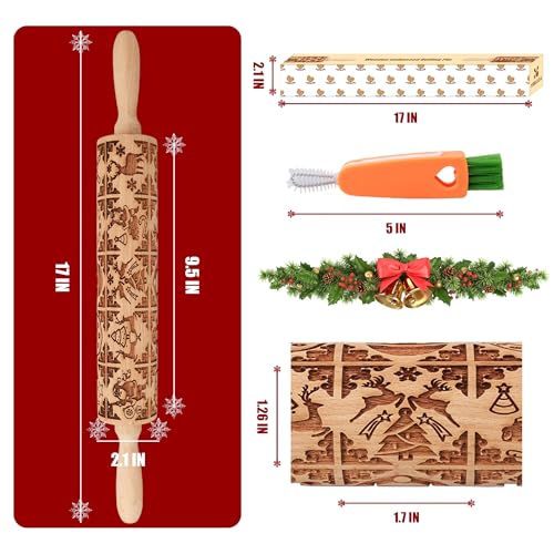 Wooden Rolling Pin for Baking with Christmas Embossed Designs, Includes Cleaning Brush O863