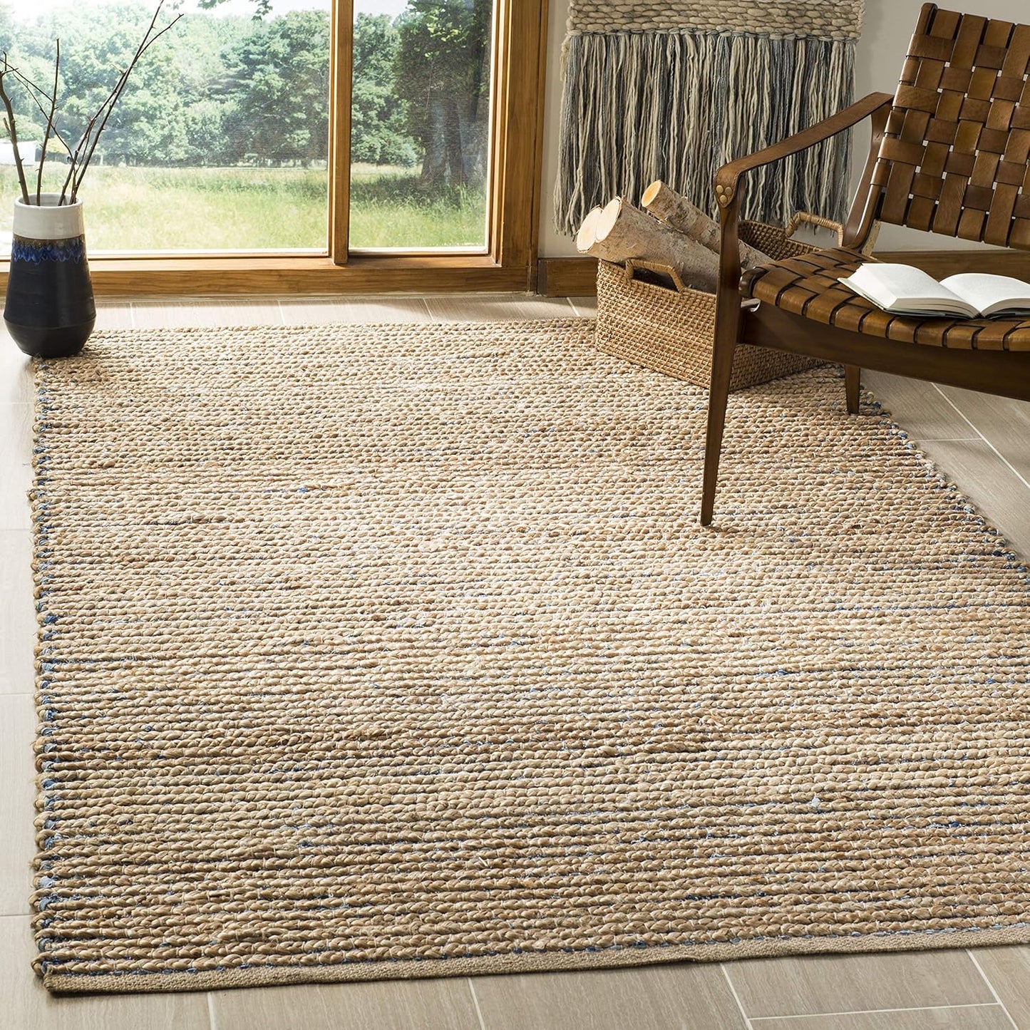 SAFAVIEH Cape Cod Collection Accent Rug - 3' x 5', Natural & Blue, Handmade Boho Braided Stripe Jute, Ideal for High Traffic Areas in Entryway, Living Room, Bedroom (CAP307M)