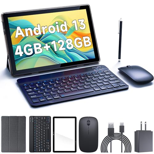 2024 Newest Android 13 Tablet with Keyboard 10 Inch 2 in 1 Tablets, 8 GB+128 GB+1 TB Quad- Core 2.0Ghz CPU Tablet PC, 2.4/5G WiFi 6, BT 5.0, 10.1'' HD Screen Tableta with Case Mouse Stylus Film, Black