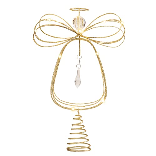 Lighted Christmas Tree Topper Angel with Timer, 10 Inch Pre-Lit Gold Metal I955