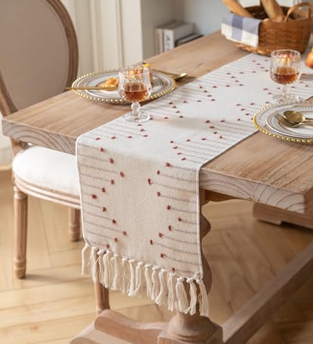 Christmas Table Runner 13 x 90 Inch Natural Cotton Woven with Tassels, Red and Beige U800