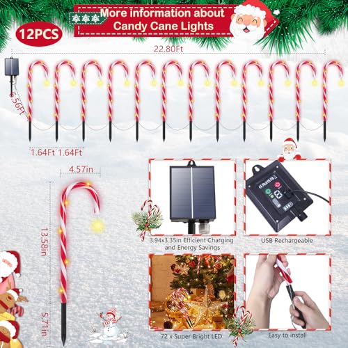 Solar Candy Cane Lights, 12 Pack Waterproof Outdoor Decorations L413