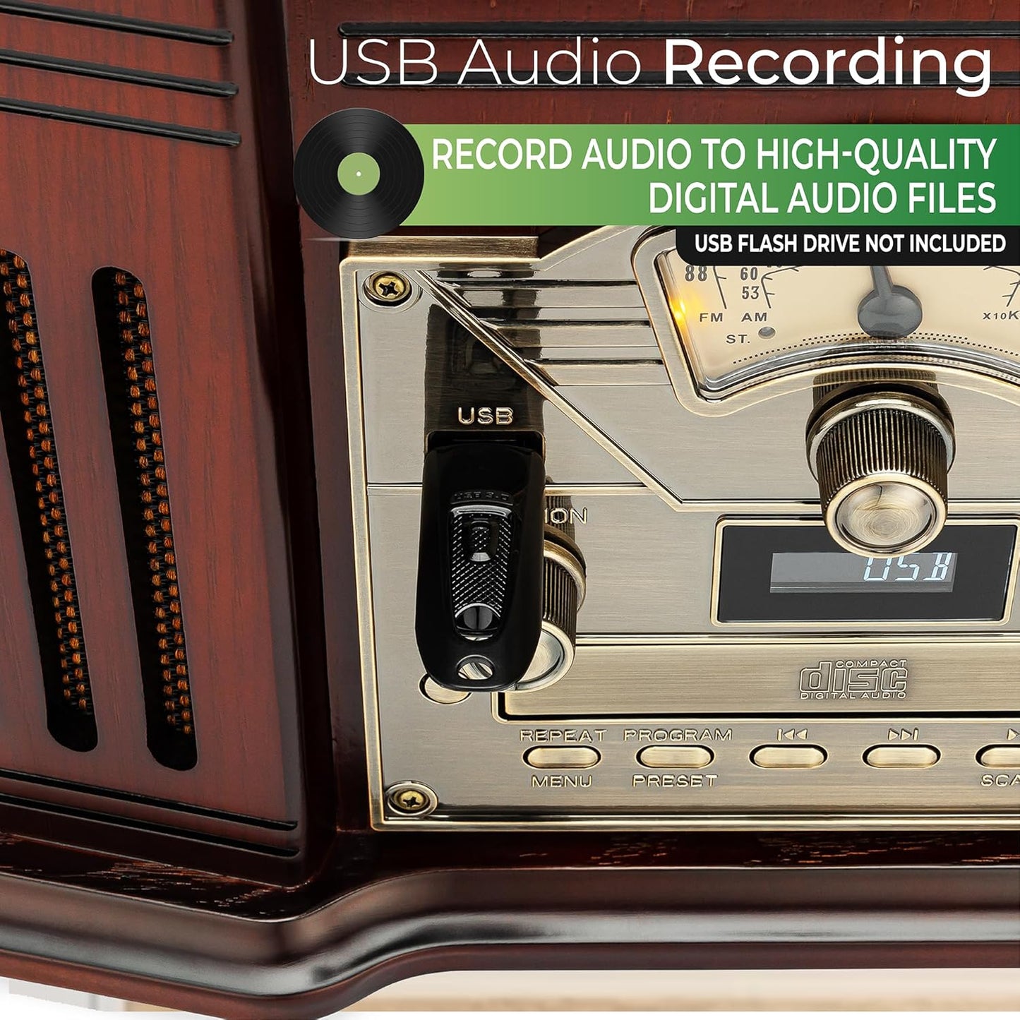 All-in-One Turntable with 3-Speed Record Player, Bluetooth, CD, Cassette, AM/FM Radio, USB V697